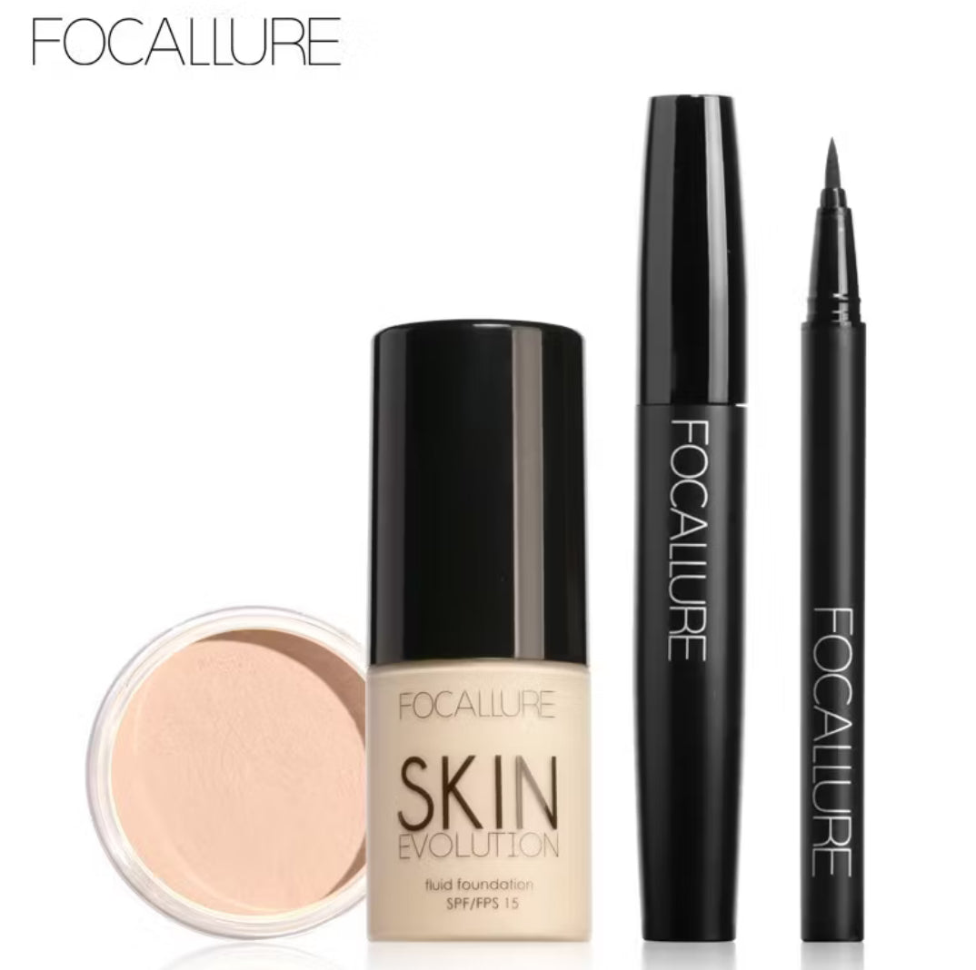 FOCALLURE 4-in-1 Makeup Set – Foundation + Compact Powder + Eyeliner + Mascara