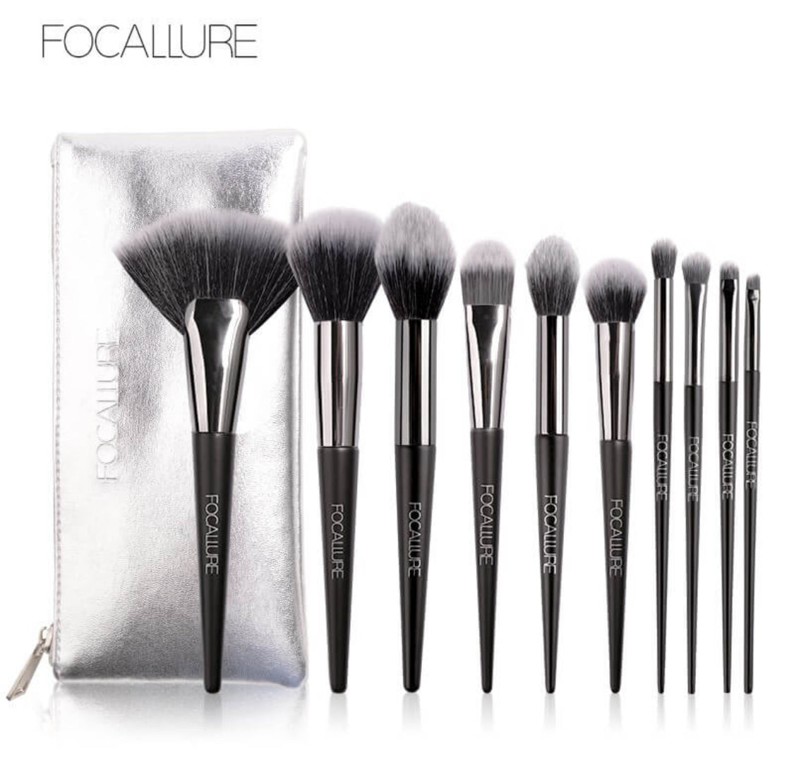 Set of 10 Focallure makeup brushes with convenient silver carrying case