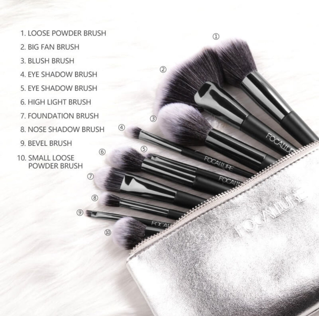 Set of 10 Focallure makeup brushes with convenient silver carrying case