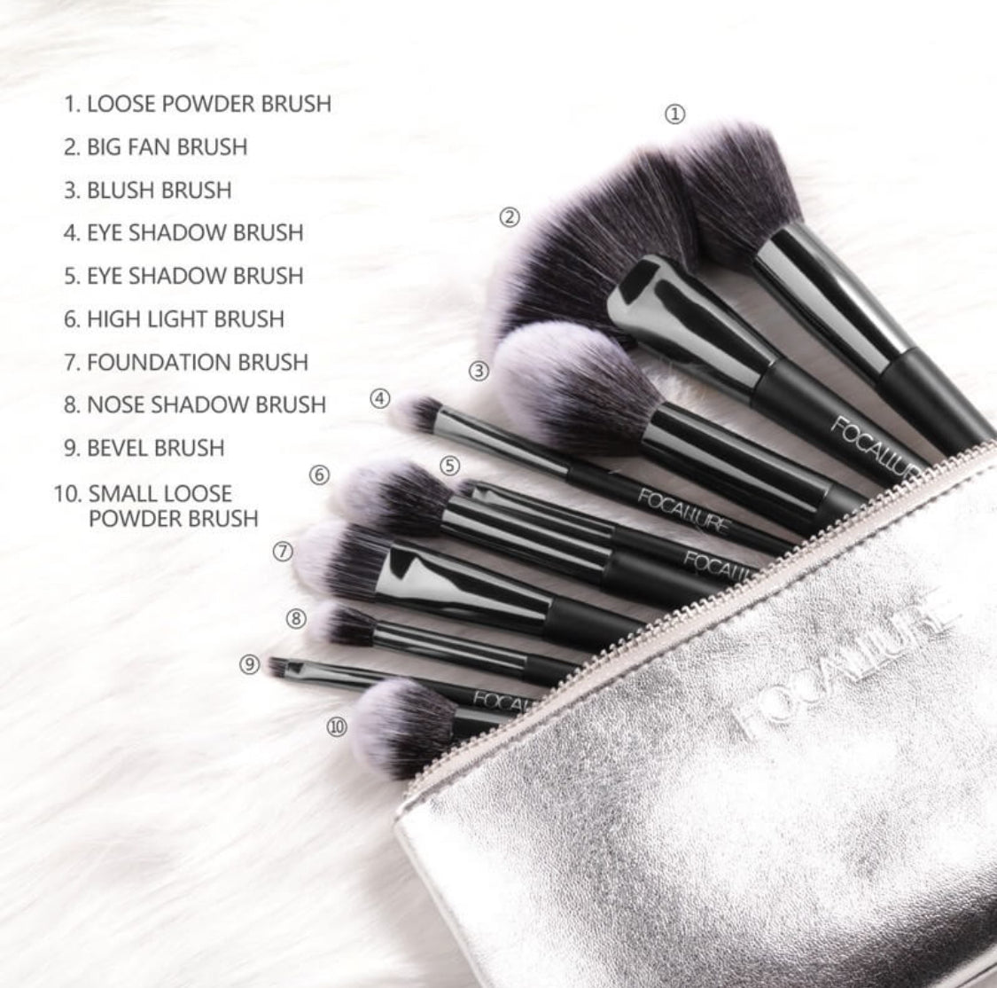 Set of 10 Focallure makeup brushes with convenient silver carrying case